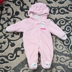 Just One You By Carter's baby girl pink fuzzy bear hooded Pram Snowsuit. Size:3M